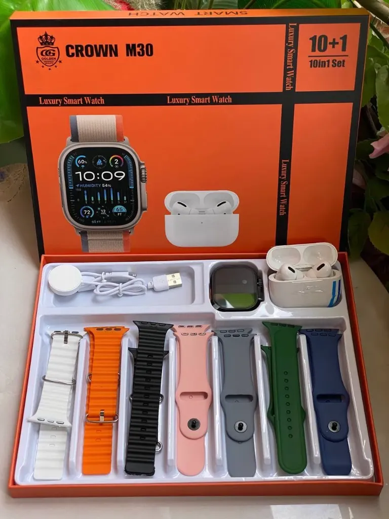 Crown M30 Smartwatch Combo with Earbuds & 7 Interchangeable Straps