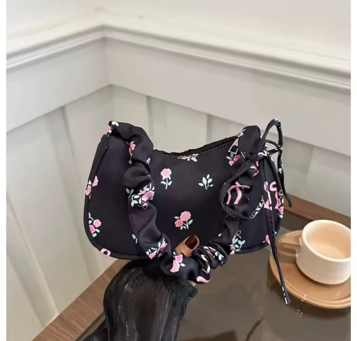 Y2K Floral Ruched Mini  Bag (Black)